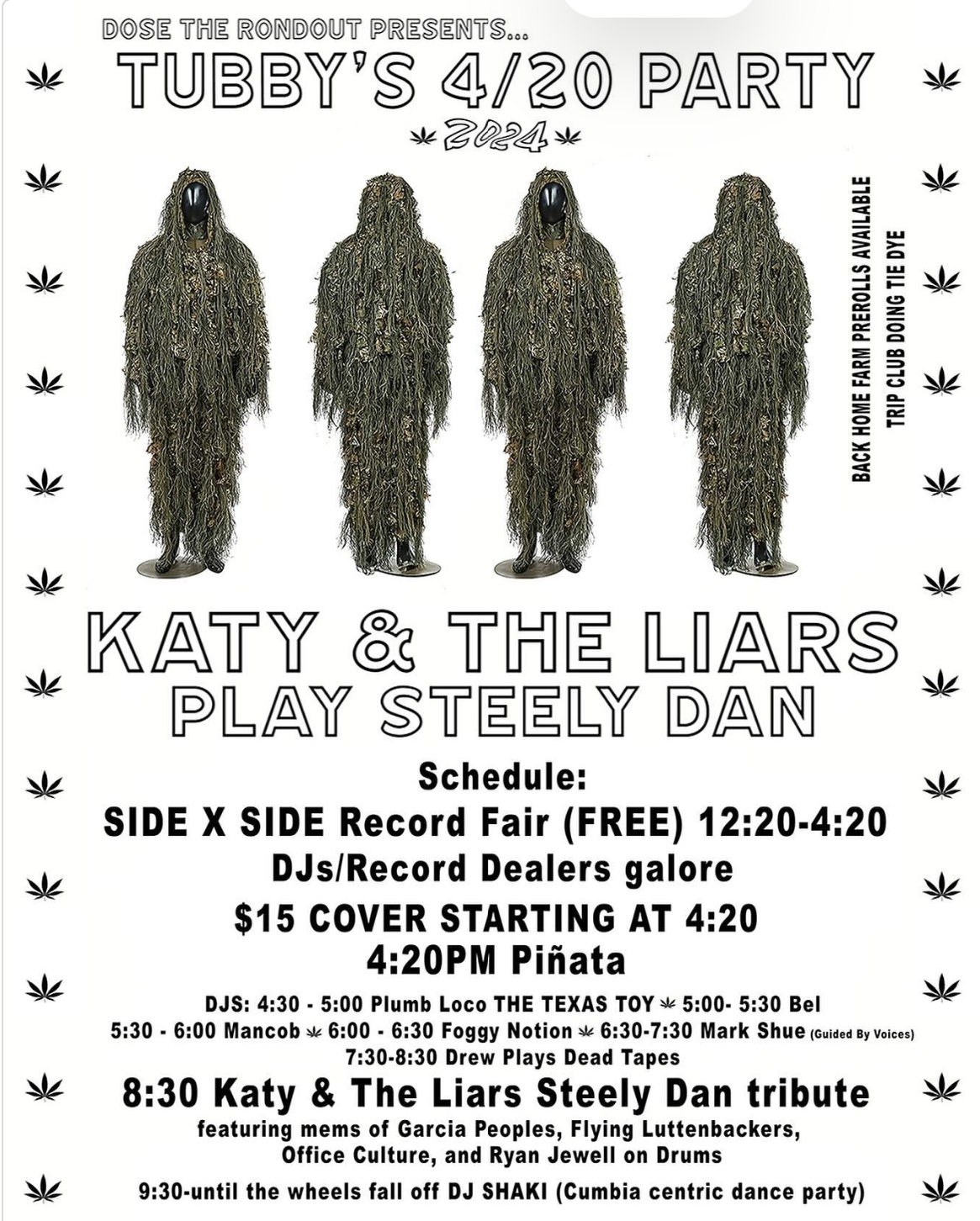 420 Blowout party with Katy & The Liars playing Steely Dan, DJs, Tie Dye: RECORD FAIR