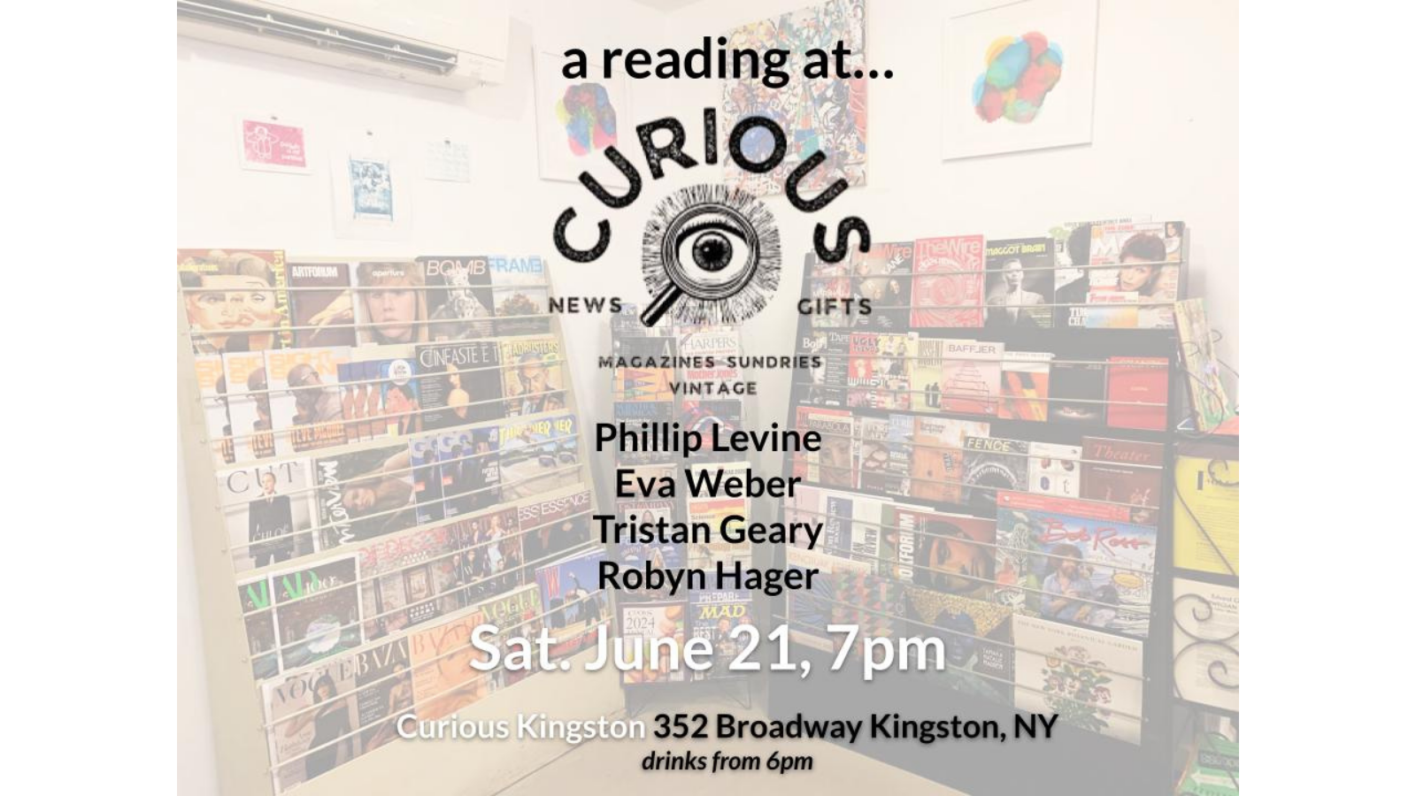 CURIOUS Happy Hour Reading with Phillip Levine, Eva Weber, Tristan Geary & Robyn Hager